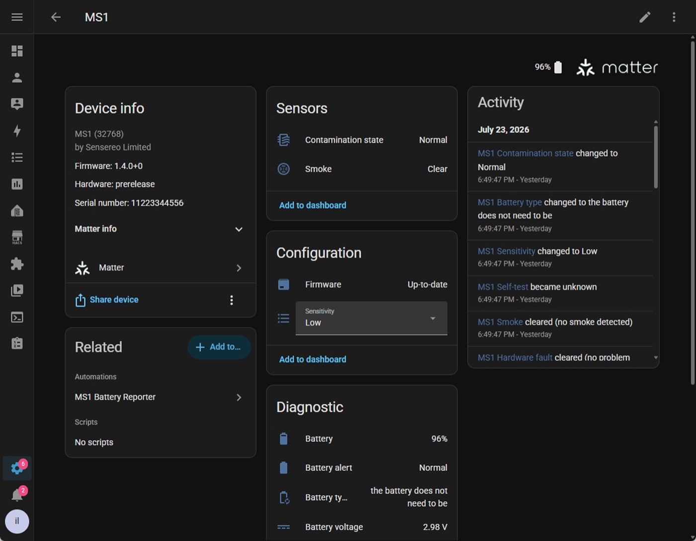 Sensereo MS-1 Interlink in the Home Assistant web app
