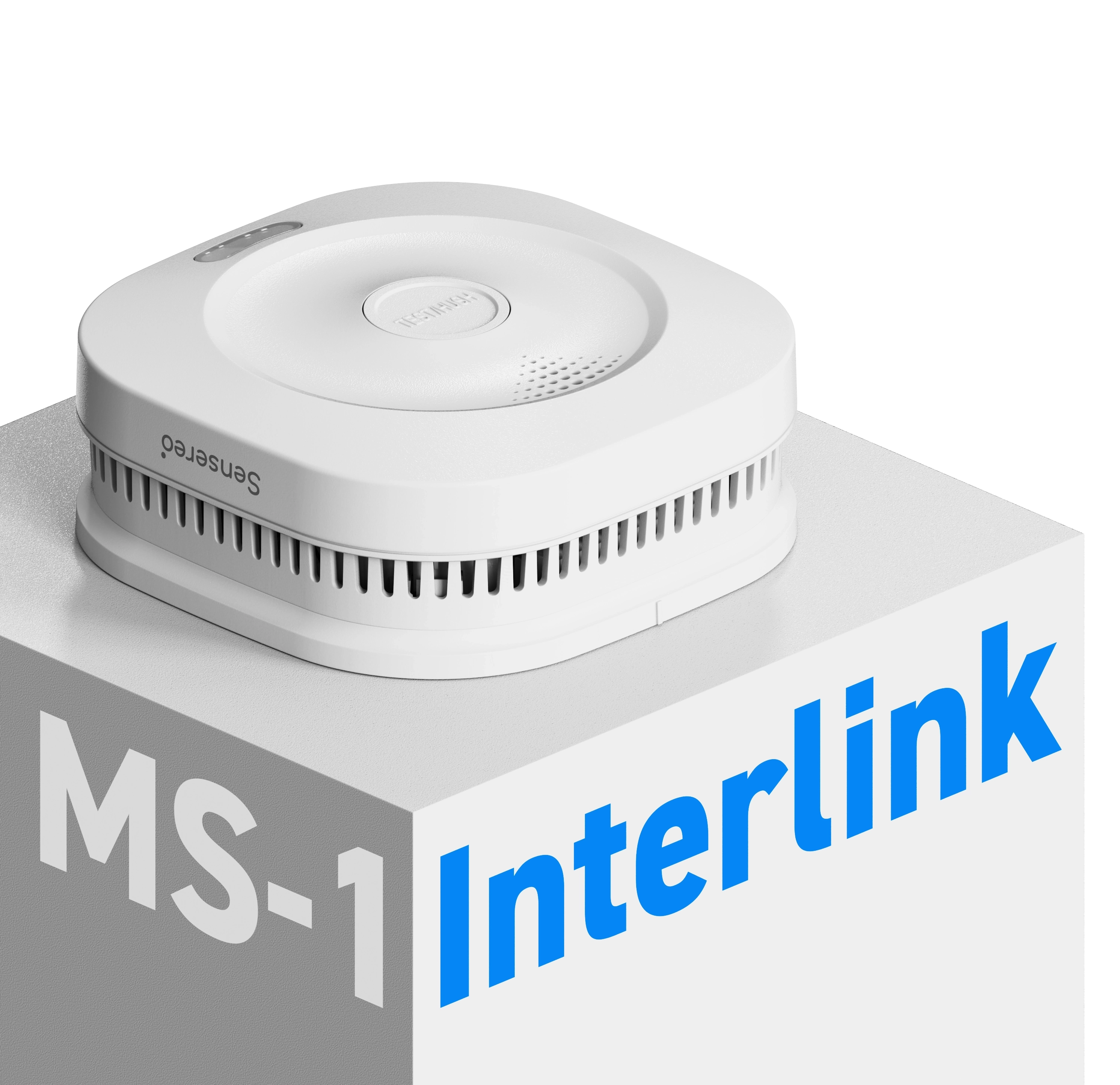Sensereo MS-1 Interlink smoke alarm on a display stand tagged MS-1 Interlink