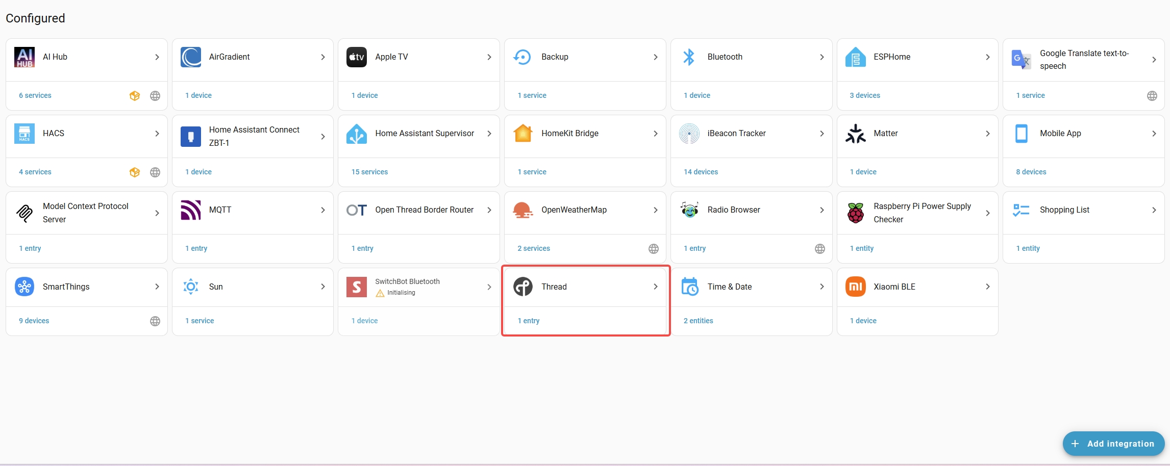 Home Assistant Thread page showing smart smoke detector network grouping with the best smart home hub setup