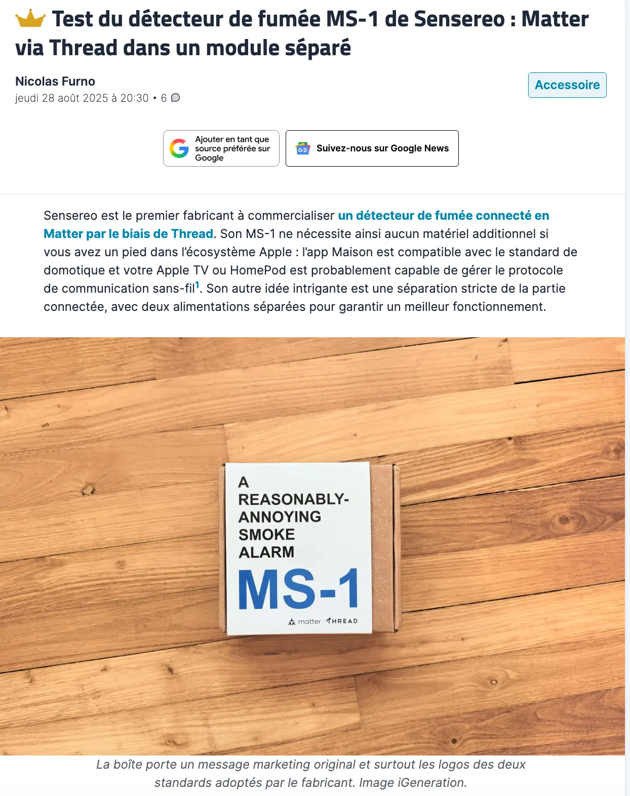 Test du détecteur de fumée MS-1 de Sensereo : Matter via Thread dans un module séparé