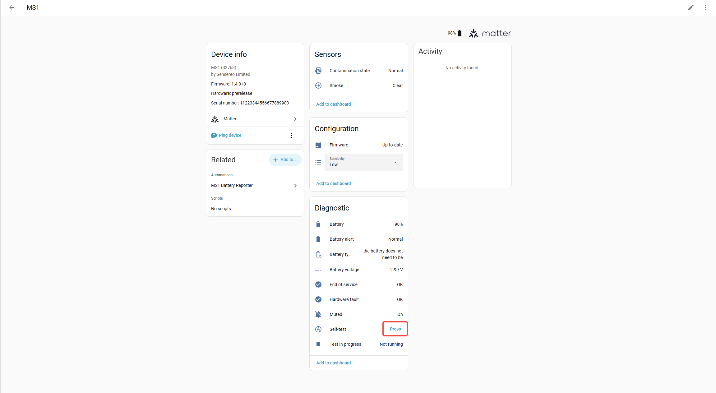 Sensereo Home Assistant Tutorial showing MS-1 Self-test button entity