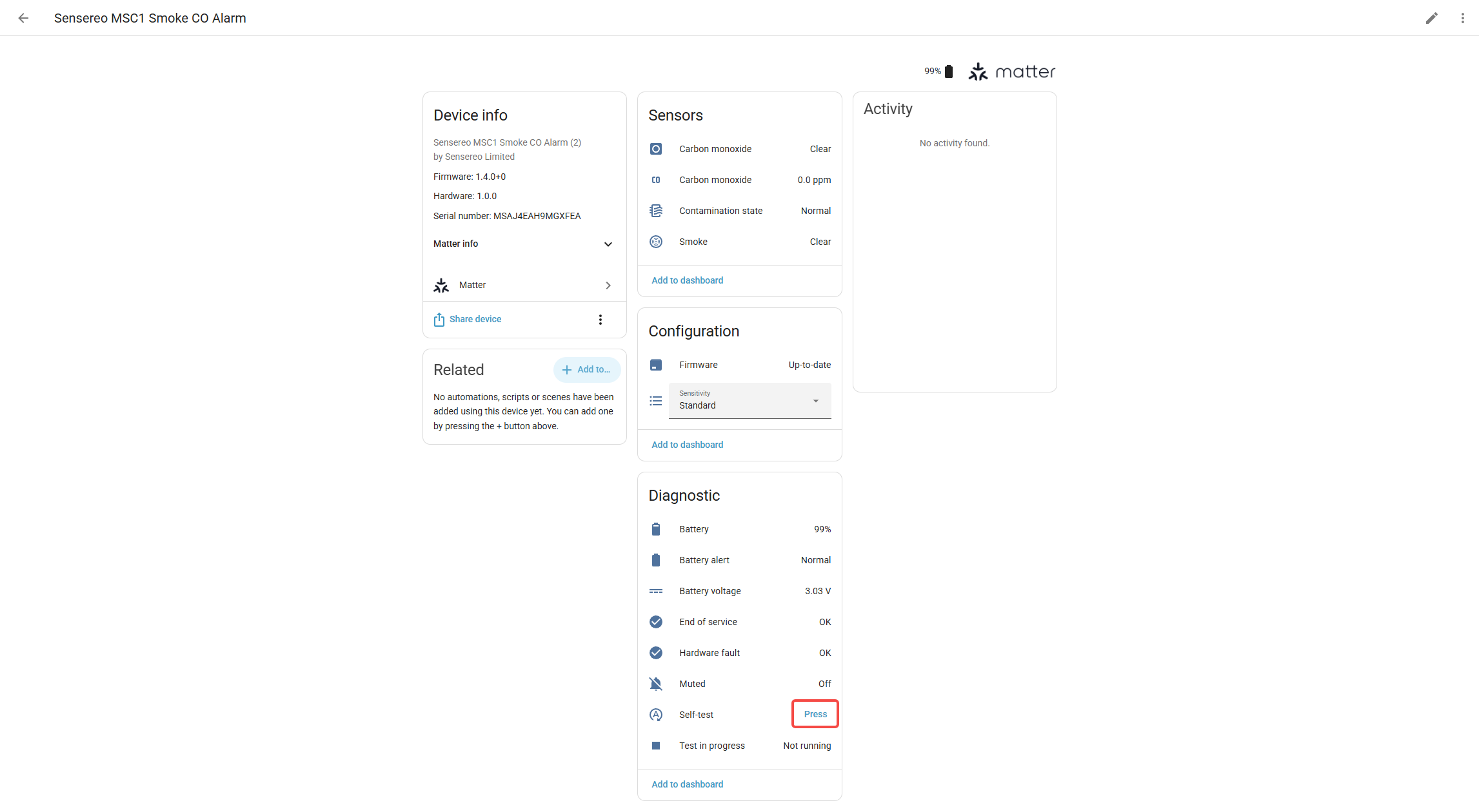 Sensereo Home Assistant Tutorial showing MSC-1 Self-test button entity