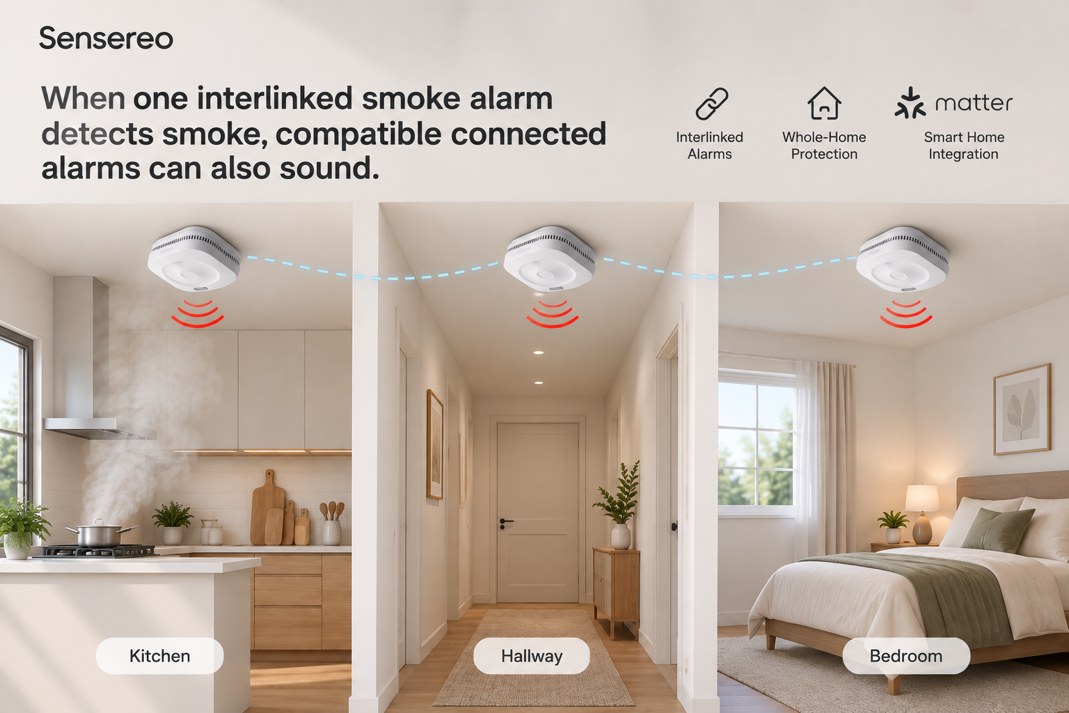 Diagram showing interlinked smoke alarms sounding together across multiple rooms in a home